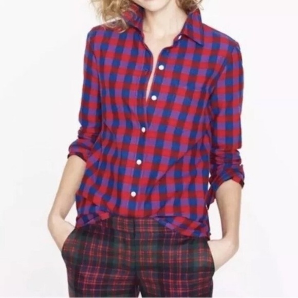 J. Crew Tops - J.Crew Plaid Boy Fit Button Down Shirt Red Blue Cotton Size M Classic Preppy